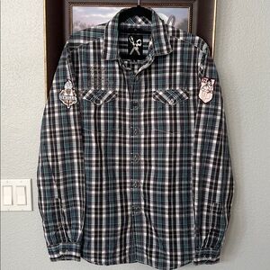 MARC ECKO Men's Vintage 90s Western L/S Button Front Shirt Blue White Plaid L